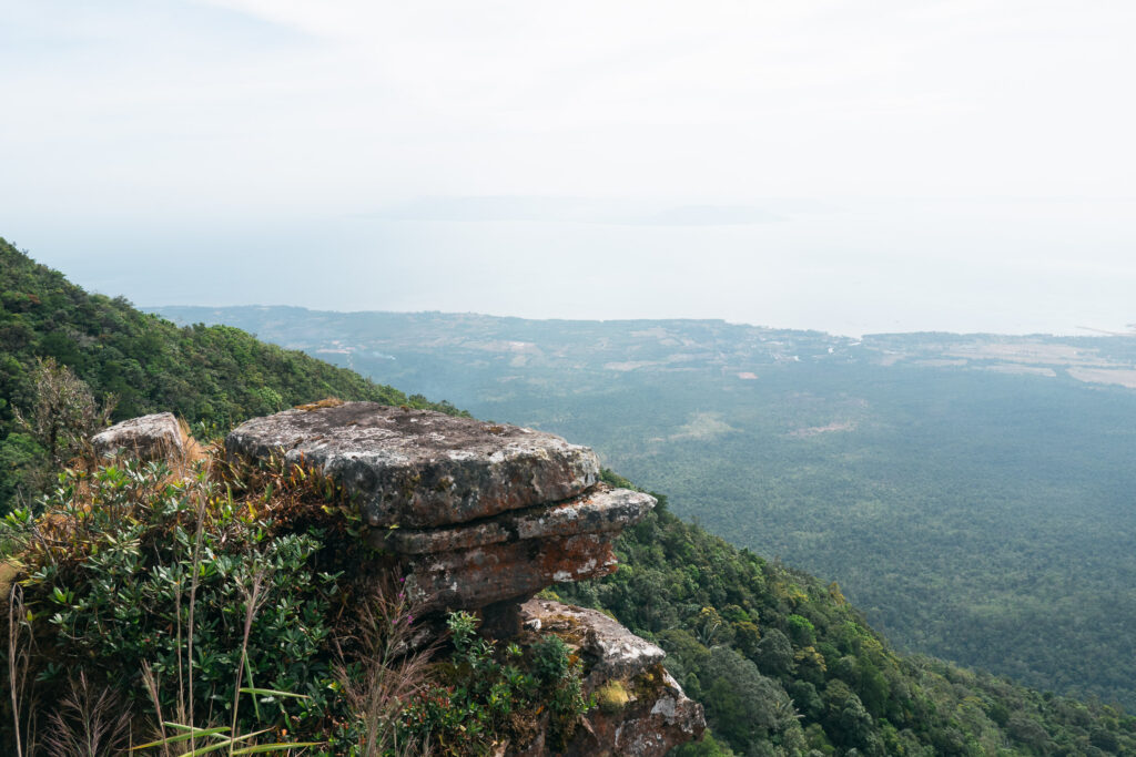 A high-angle view from Bokor Mountain shows mossy rocks, dense trees, and a green valley