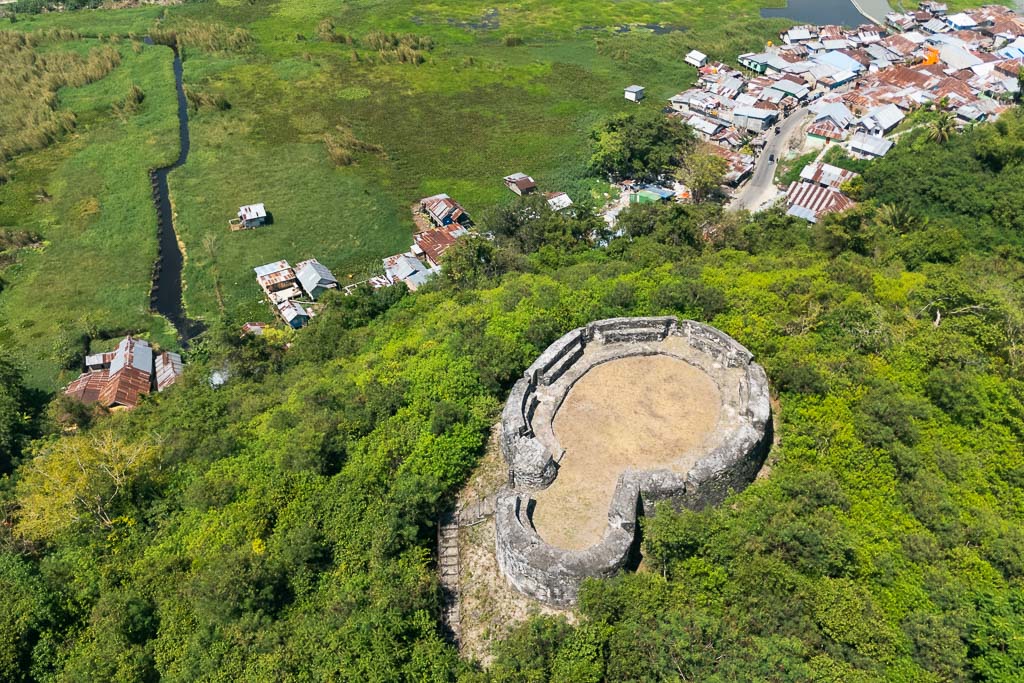 Aerial view of Gorontalo showing Benteng Otanaha ruins