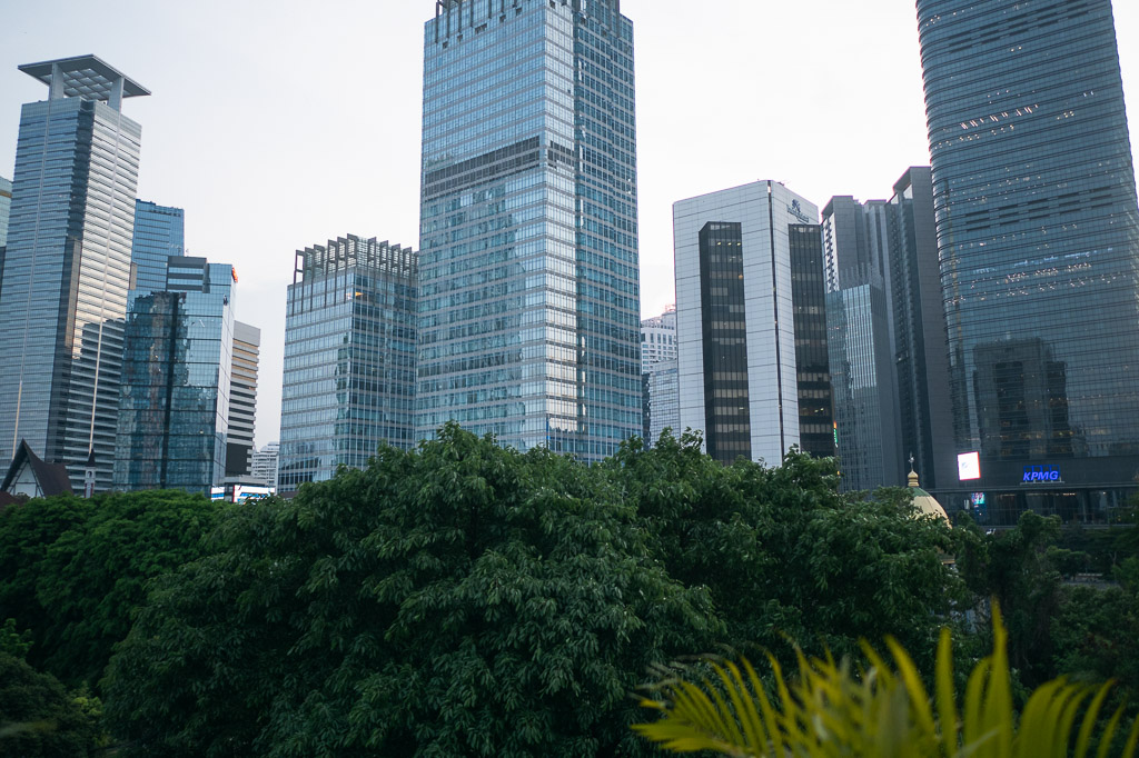 An urban landscape in Jakarta featuring glass-clad skyscrapers towering above a lush canopy of green trees