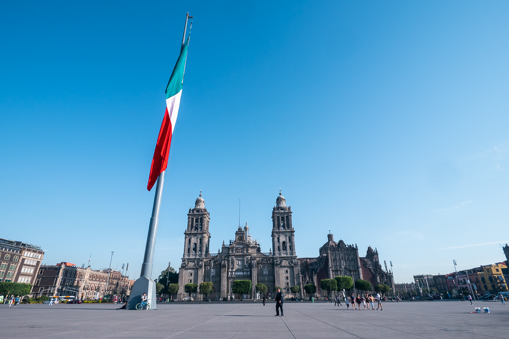 An image of Zocalo in Mexico City with the country's flag raised in the middle