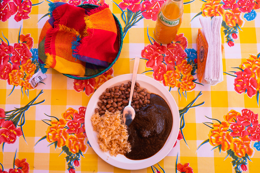 A plate of Mole Negro, beans and other food, a bottle of drink, and tissues on a table with floral print.
