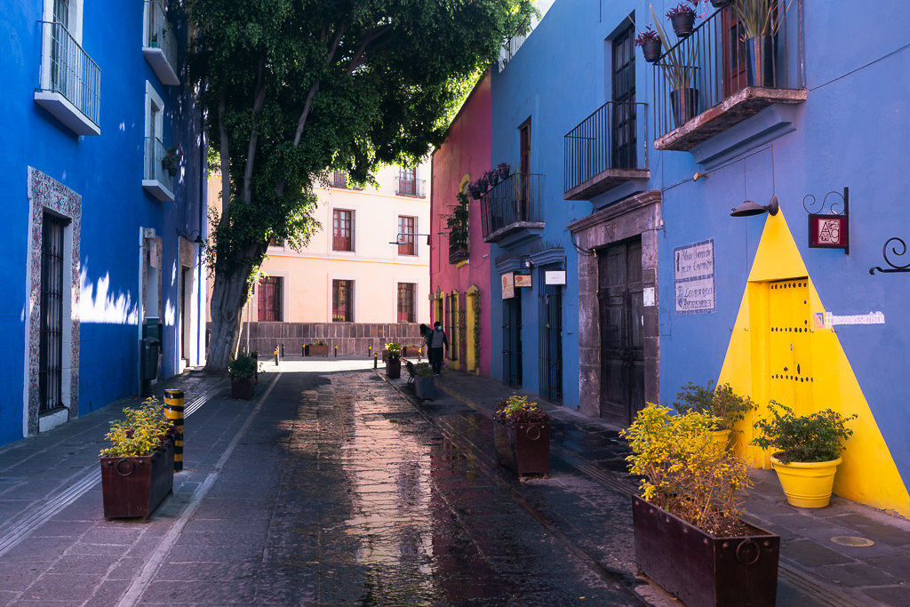 The colorful facade of buildings in Puebla, Mexico