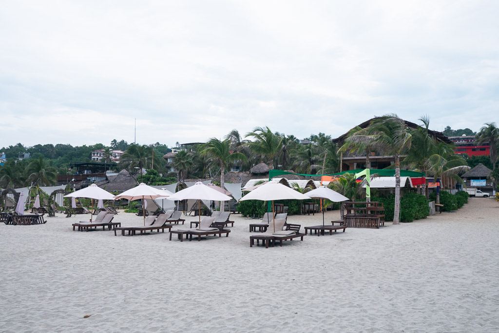 Wide shot of Zicatela Beach, Oaxaca, on an overcast day with white umbrellas, lounge chairs, palm trees, and beachfront buildings.