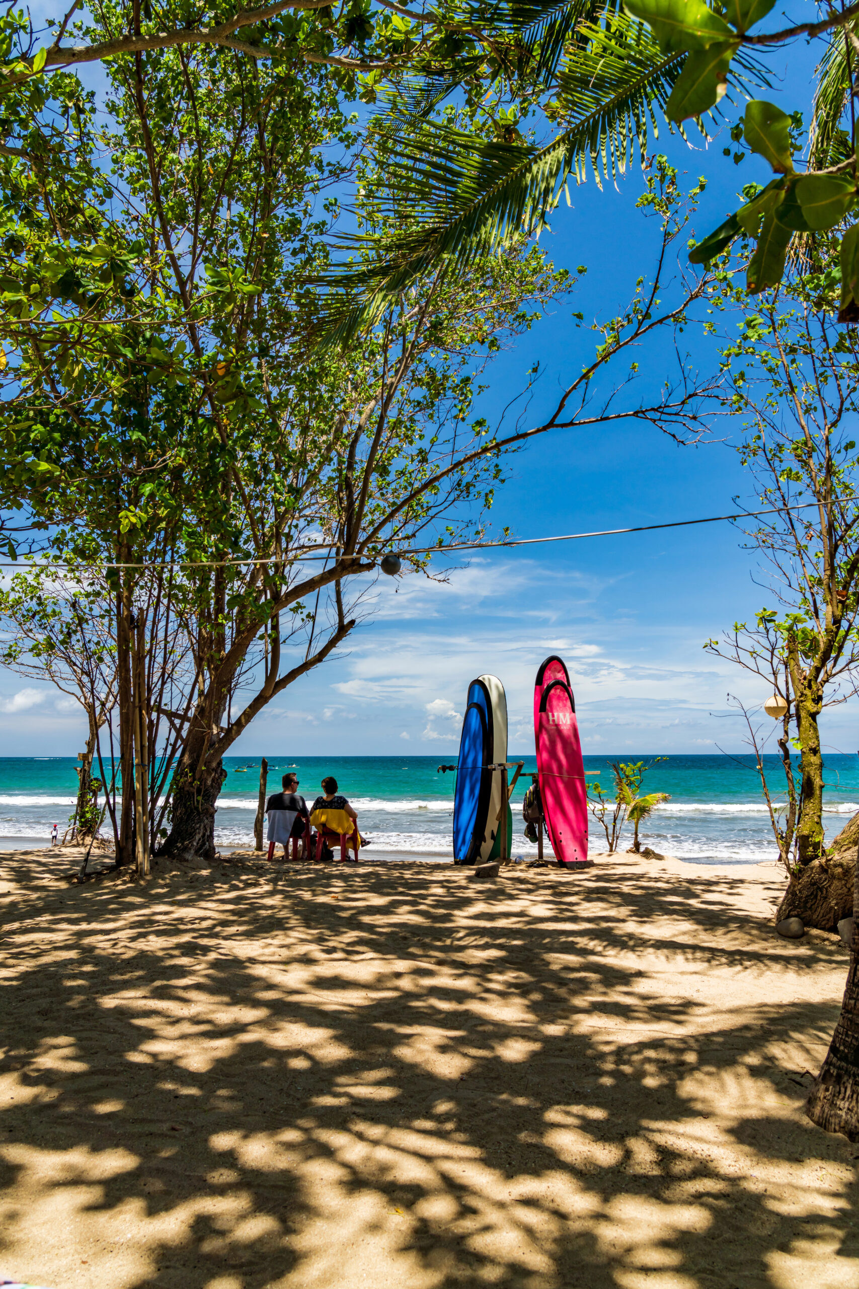 Two people sit on a sandy beach under the shade of trees, with two surfboards propped upright nearby
