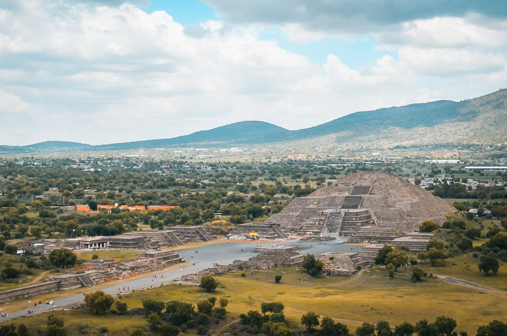 An aerial view shows the Pyramid of the Sun and the Teotihuacan archaeological site.