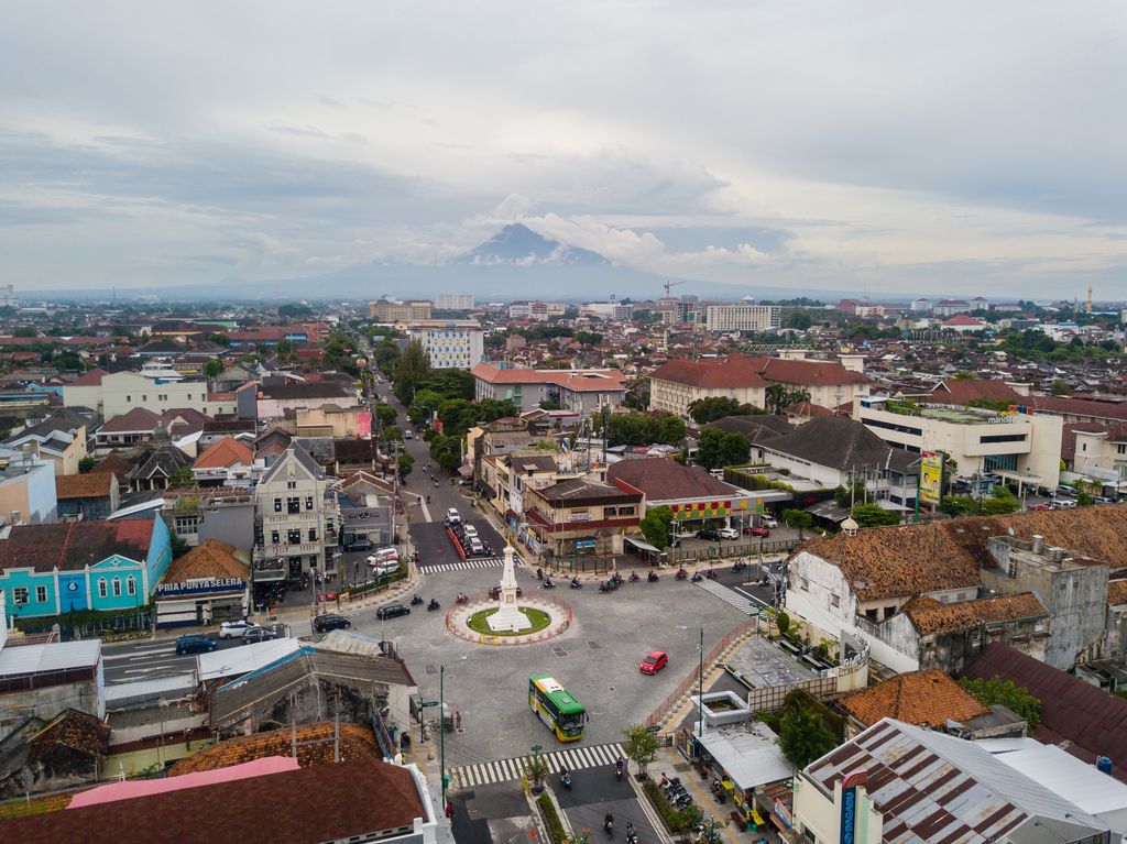 An aerial view of buildings and roads in a city/town in Yogyakarta, Java, Indonesia.