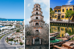 A photoset of Da Nang City, a temple in Hue, and a yellow buildings by the river with boats in Hoi An, Vietnam.